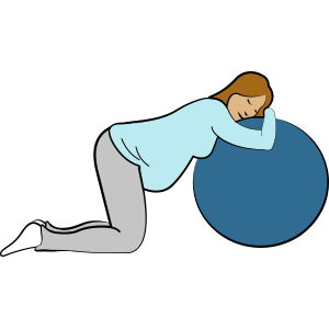 Pregnancy relaxation exercise: Kneeling on the floor with arms on a pilates ball, in a rest position.