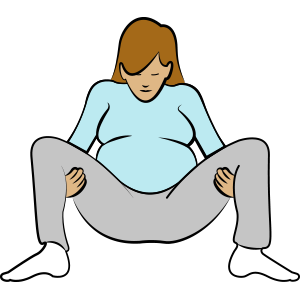 Pregnancy relaxation exercise: Semi-sitting with legs spread and hands supporting the weight of the thighs.