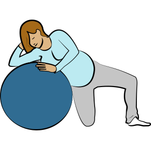 Pregnancy relaxation exercise: Leaning sideways on a pilates ball, with one knee on the floor and the other leg in squat position.
