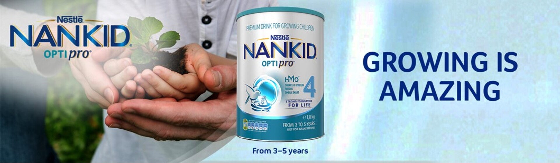 Growing is amazing with Nestlé Nankid OptiPro 4. A milk powder for growing children from 3 to 5 years old.